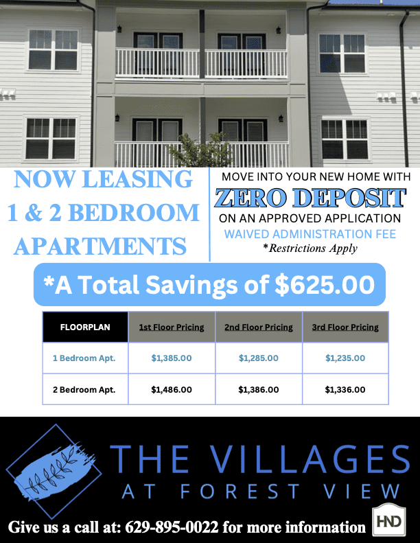 Now leasing 1 & 2 Bedroom Apartments - Move into your new home with zero deposit on an approved application - waived administration fee - *Restrictions Apply - *A Total Savings of $625.00 - The Villages at Forest View - Give us a call at: 629-895-0022 for more information - HND Realty